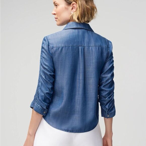 White House Black Market Elbow Sleeve Smocked‎ Denim Shirt size 2 NWT - Picture 4 of 8